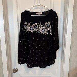 LOFT Black Floral Yoke Long-Sleeve Blouse